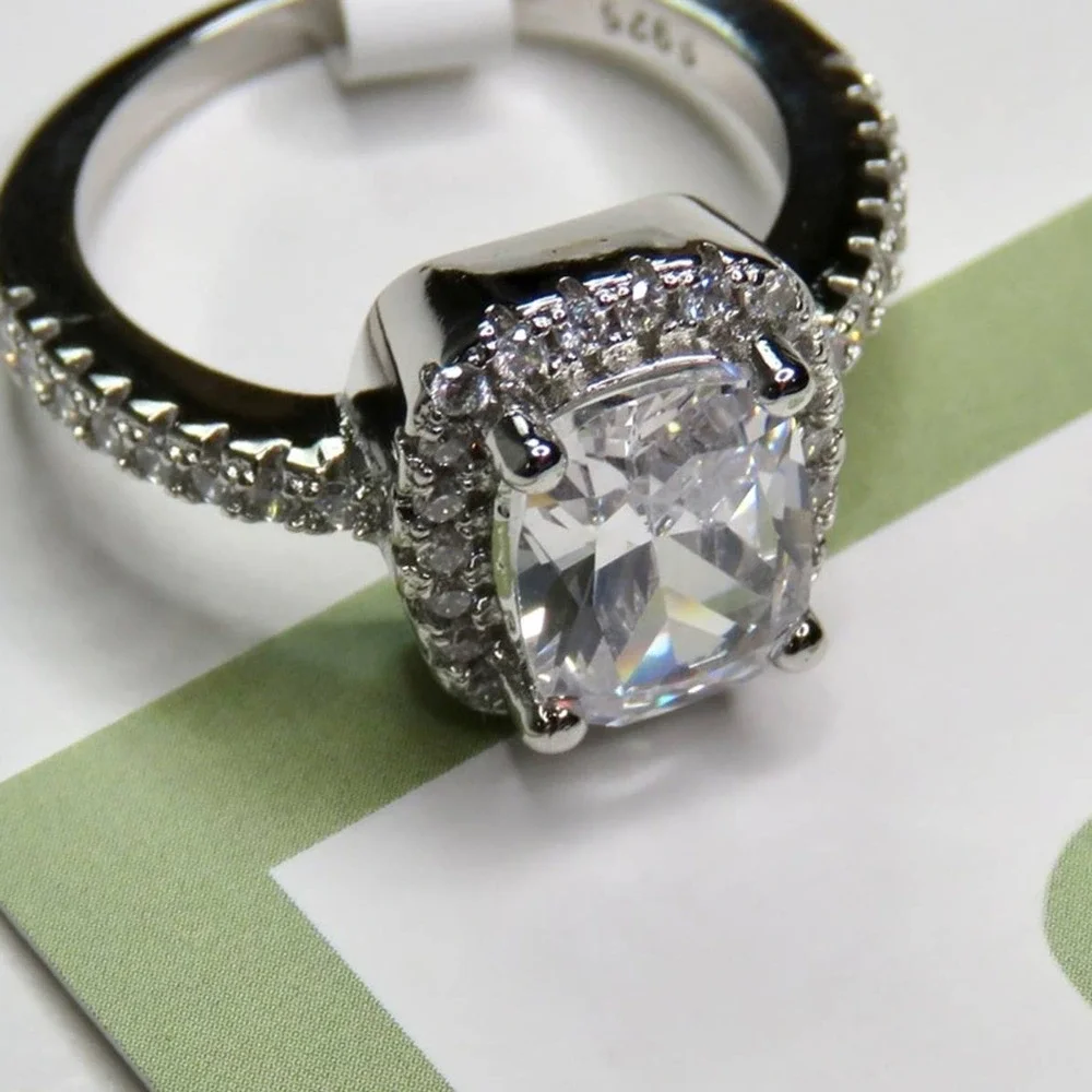Macy's Square Cut Sterling Silver Moissanite Diamond Halo Ring S925 Size 7
